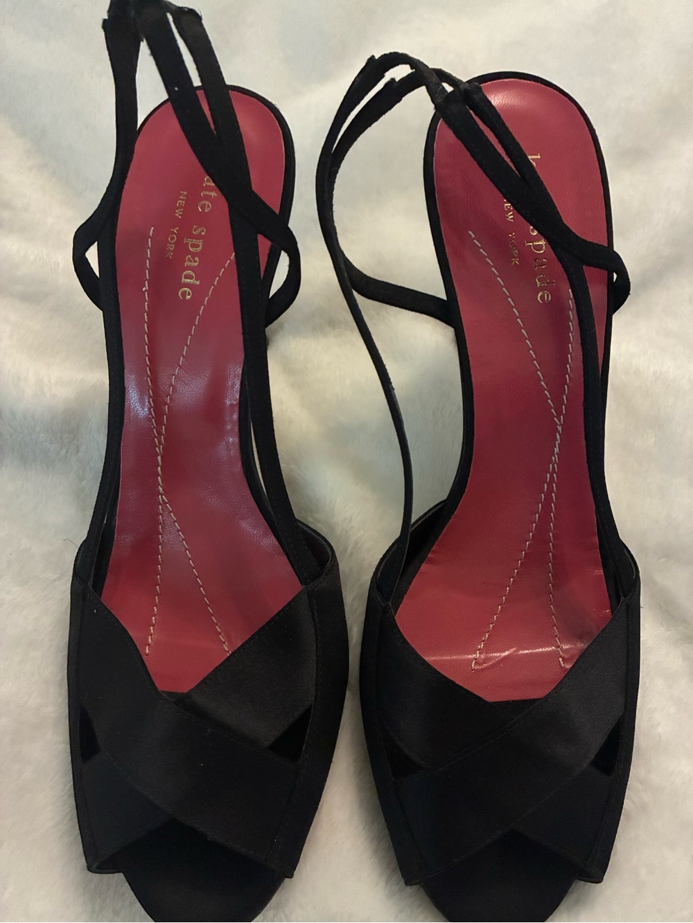 kate spade Black Slingback Crisscross Peep-Toe Heels with Red Insole